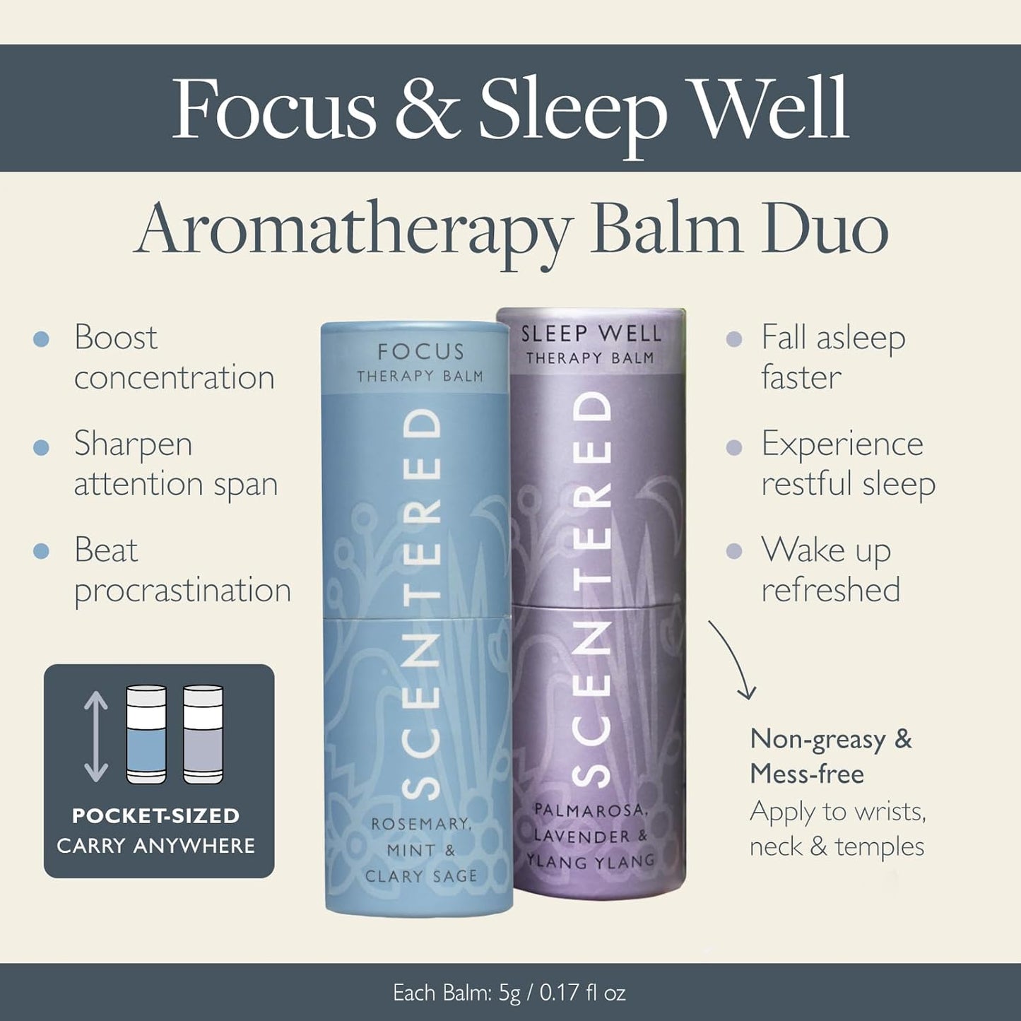 Aromatherapy Balm Stick Duo for Sleep & Focus - All Natural Sleep Balm with Lavender & Focus Aid with Rosemary - Essential Oil for Relaxation & Concentration - Aromatherapy Gifts for Women