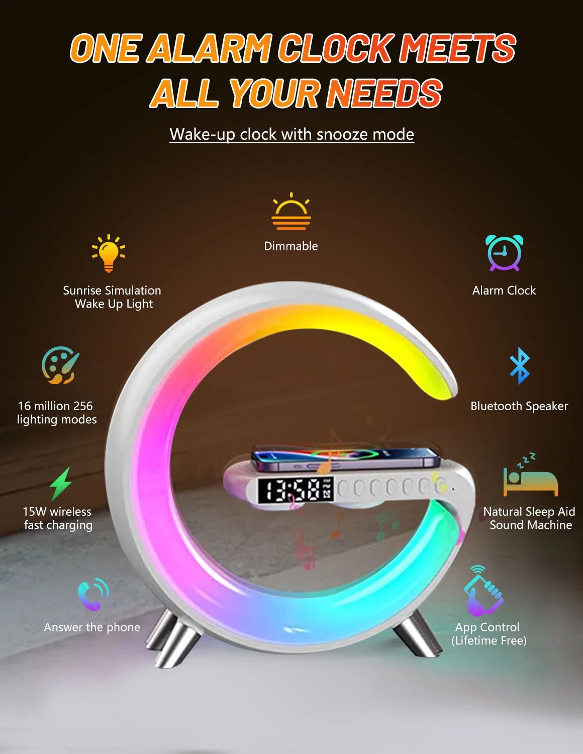 Sunrise Alarm Clocks White Noise Sound Machine with 256 Lighting Effects, Wireless Charging, Bluetooth Speaker Wake up Light for Heavy Sleepers, Kids, Birthday, Christmas Gifts (White)