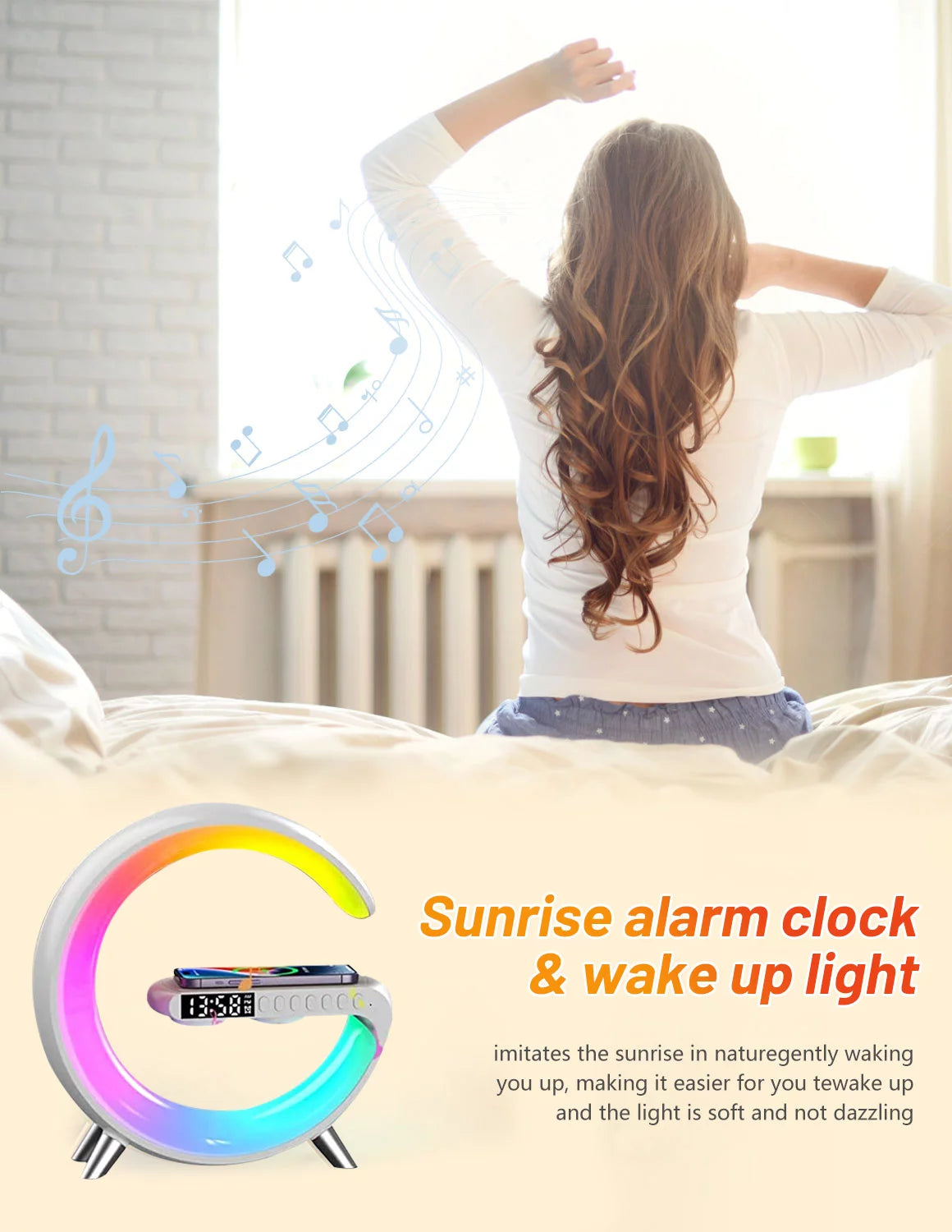 Sunrise Alarm Clocks White Noise Sound Machine with 256 Lighting Effects, Wireless Charging, Bluetooth Speaker Wake up Light for Heavy Sleepers, Kids, Birthday, Christmas Gifts (White)