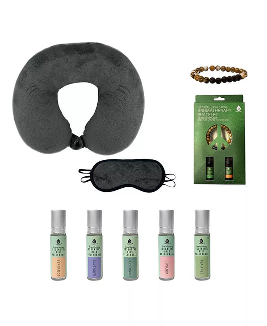 Sleep Serenity Set: Aromatherapy Essential Oils Rollerballs, Lava Stone Bracelet, and Memory Foam Travel Pillow with Sleep Mask