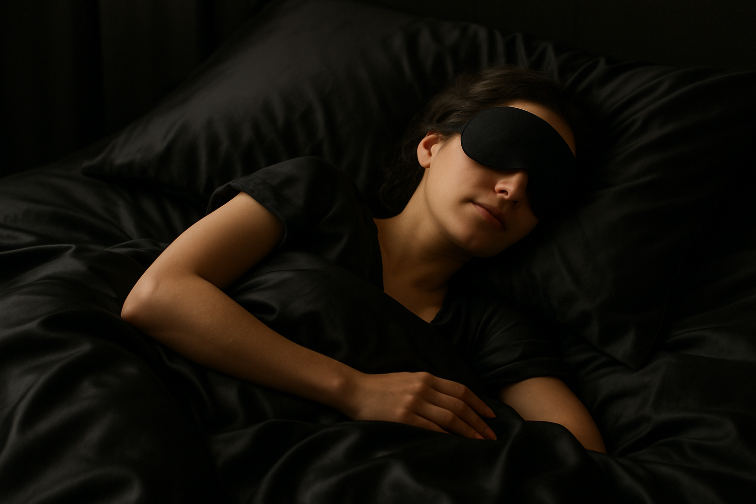 man or woman sleeping on a bed with an eye mask preferred colors are darker and higher quality with black sheets. 